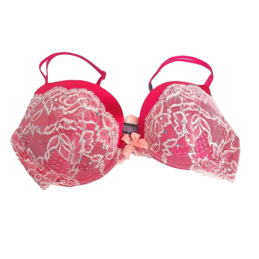 Victoria's Secret Very Sexy Plunge Bra 36C Pink Red Lace Push Up NWT